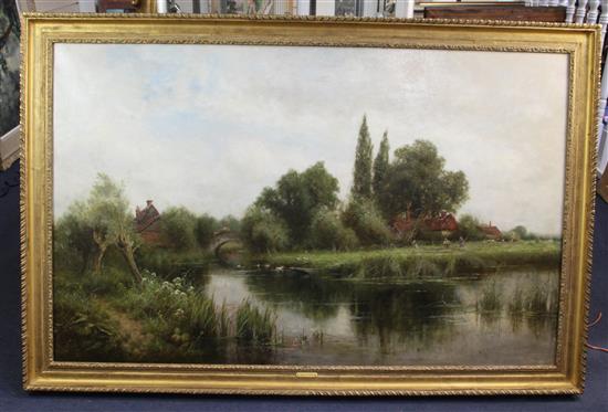 Henry John Kinnaird (1861-1920) Ducks on a river with cottages and harvesters beyond 30 x 48in.
